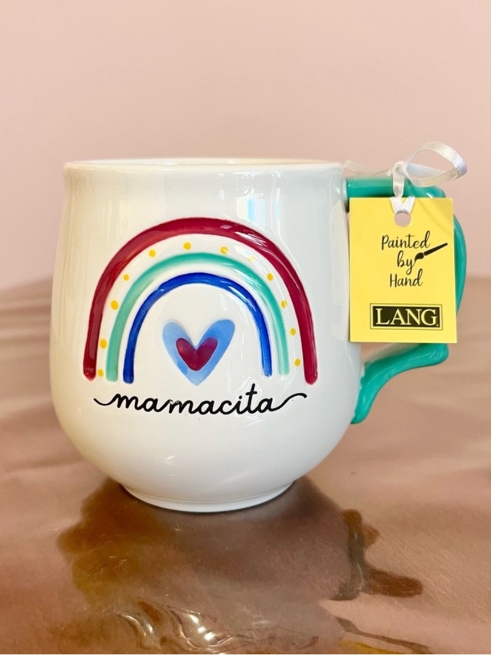 Painted-By-Hand 'Mamacita' Ceramic Mug in White with Teal Handle